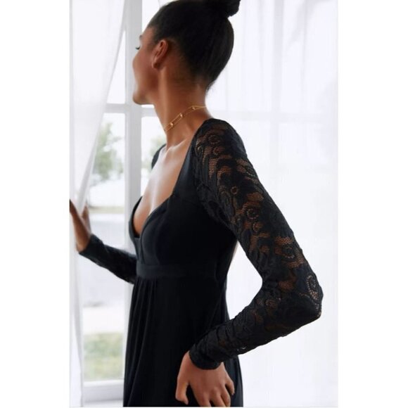 Anthropologie Lace Slip Night Black Mini Dress Size XS NWT Stretch Lace Sleeves - Picture 3 of 7
